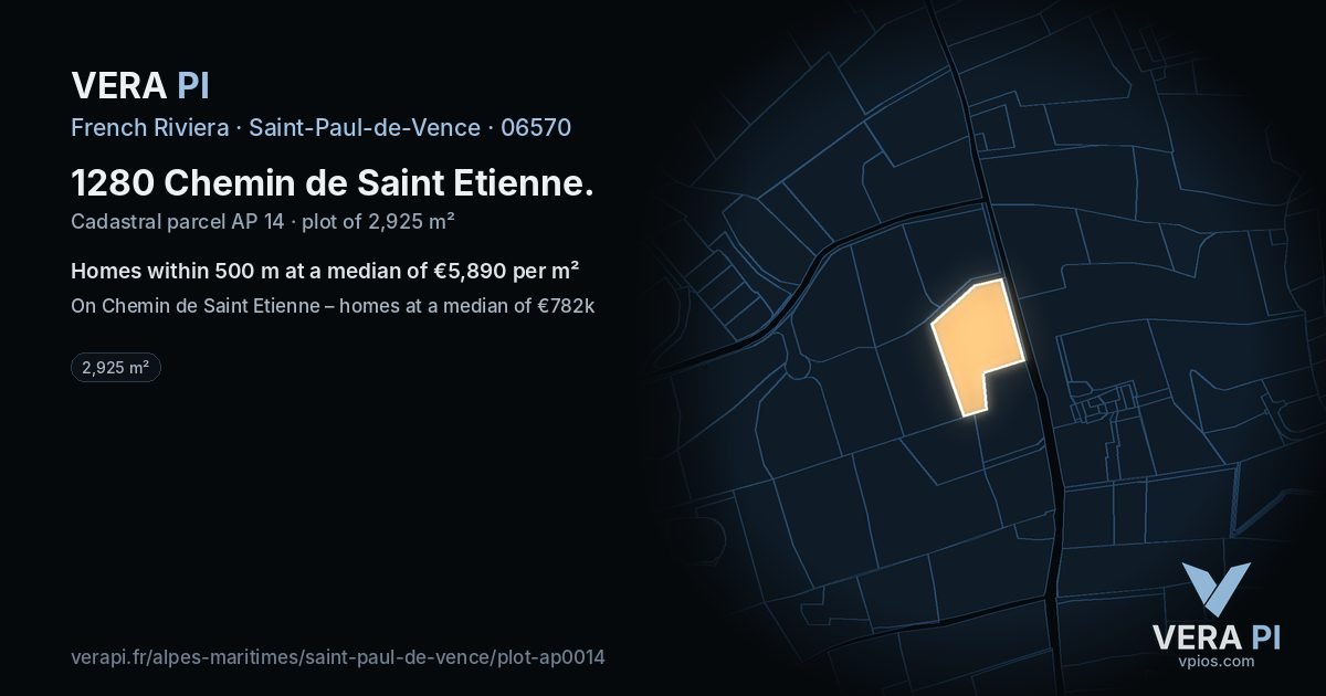 1280 Chemin de Saint Etienne, Saint-Paul-de-Vence at night – the plot lit, the parcels around coloured by the prices near them