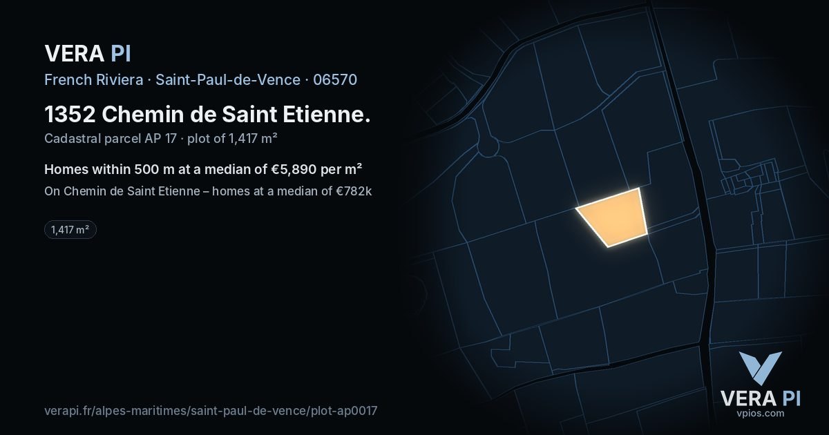 1352 Chemin de Saint Etienne, Saint-Paul-de-Vence at night – the plot lit, the parcels around coloured by the prices near them