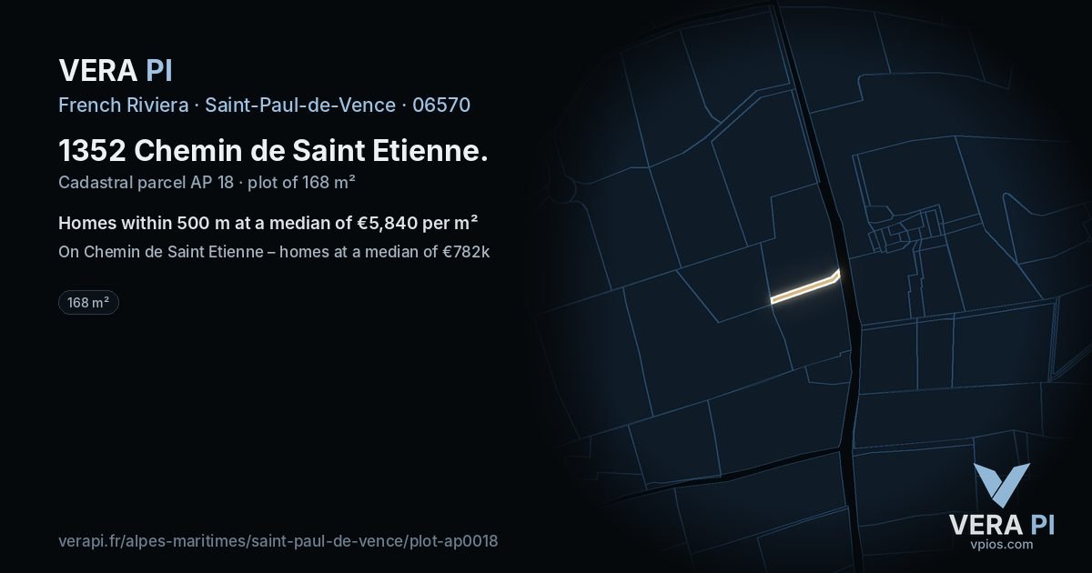 1352 Chemin de Saint Etienne, Saint-Paul-de-Vence at night – the plot lit, the parcels around coloured by the prices near them