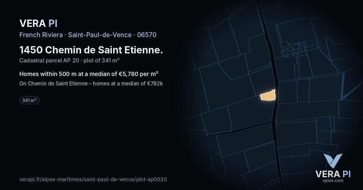 1450 Chemin de Saint Etienne, Saint-Paul-de-Vence at night – the plot lit, the parcels around coloured by the prices near them