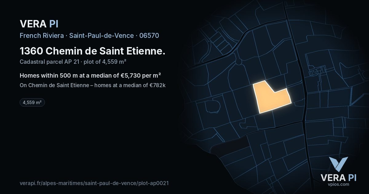 1360 Chemin de Saint Etienne, Saint-Paul-de-Vence at night – the plot lit, the parcels around coloured by the prices near them