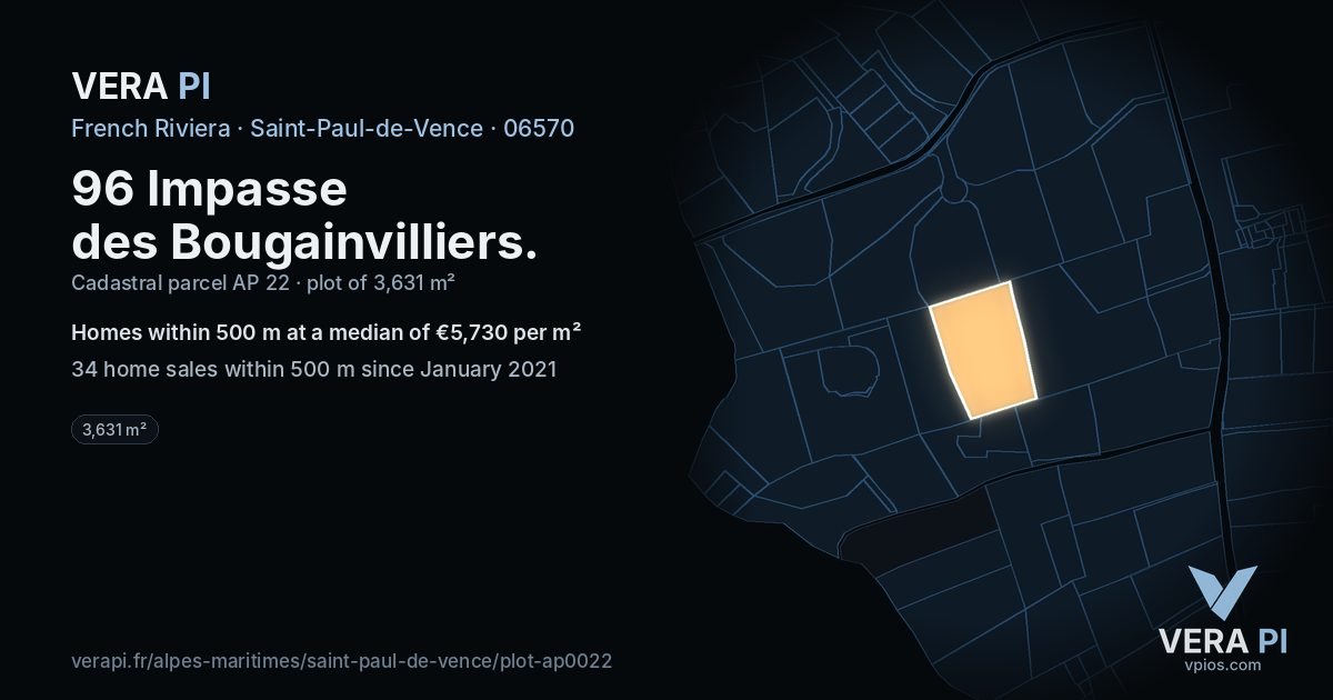 96 Impasse des Bougainvilliers, Saint-Paul-de-Vence at night – the plot lit, the parcels around coloured by the prices near them