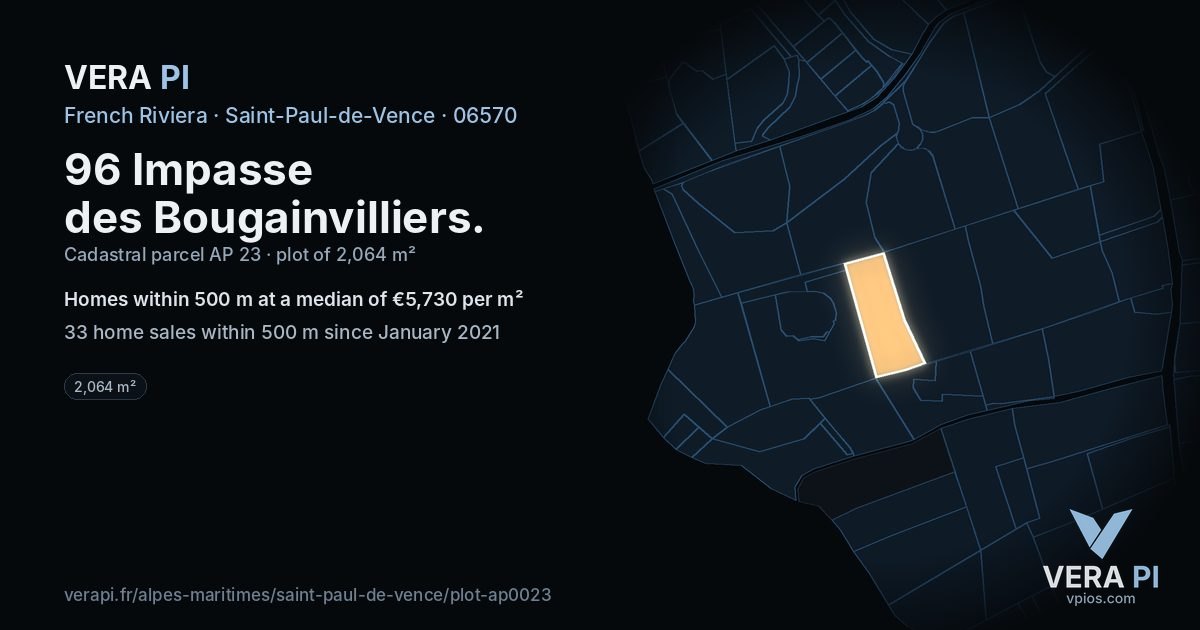 96 Impasse des Bougainvilliers, Saint-Paul-de-Vence at night – the plot lit, the parcels around coloured by the prices near them
