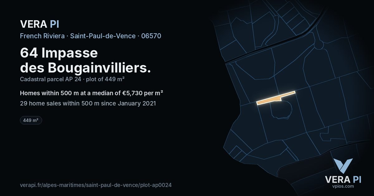 64 Impasse des Bougainvilliers, Saint-Paul-de-Vence at night – the plot lit, the parcels around coloured by the prices near them