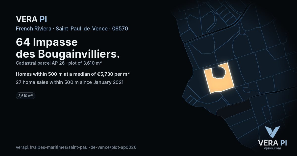 64 Impasse des Bougainvilliers, Saint-Paul-de-Vence at night – the plot lit, the parcels around coloured by the prices near them