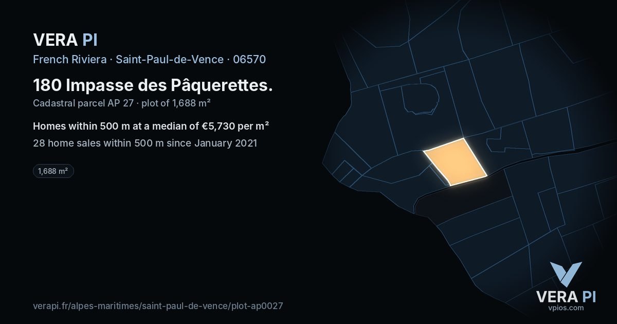 180 Impasse des Pâquerettes, Saint-Paul-de-Vence at night – the plot lit, the parcels around coloured by the prices near them