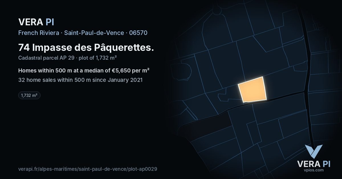74 Impasse des Pâquerettes, Saint-Paul-de-Vence at night – the plot lit, the parcels around coloured by the prices near them