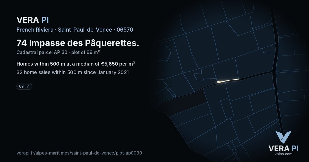 74 Impasse des Pâquerettes, Saint-Paul-de-Vence at night – the plot lit, the parcels around coloured by the prices near them