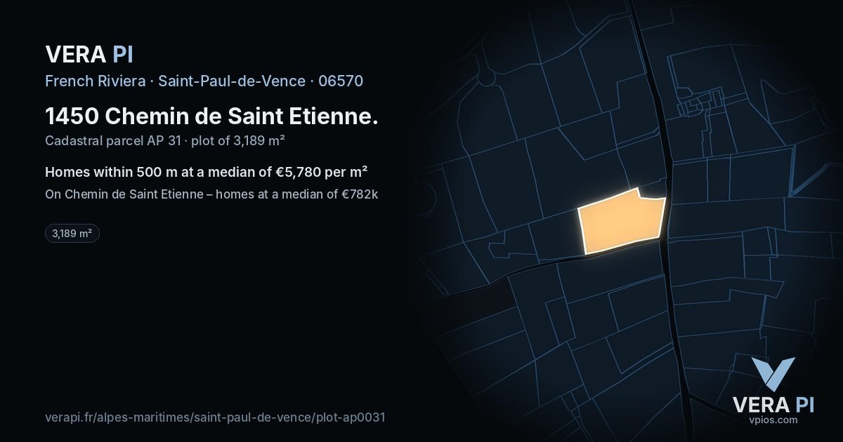 1450 Chemin de Saint Etienne, Saint-Paul-de-Vence at night – the plot lit, the parcels around coloured by the prices near them