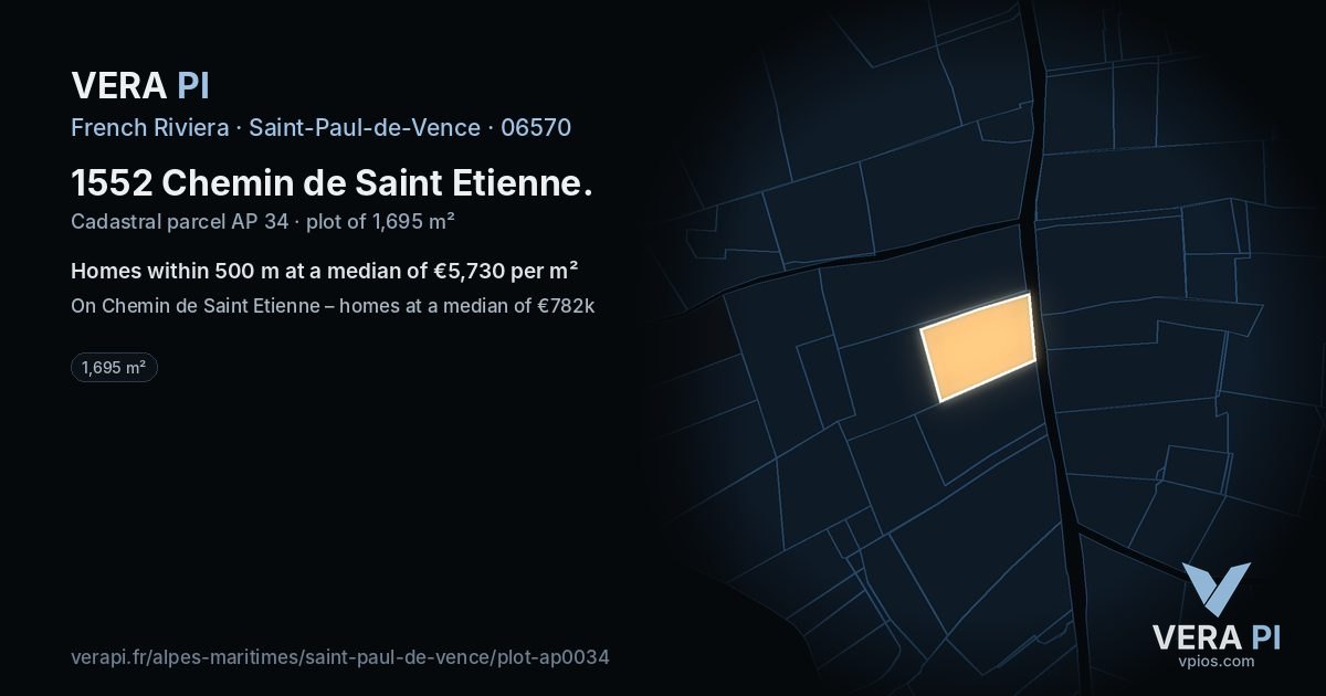 1552 Chemin de Saint Etienne, Saint-Paul-de-Vence at night – the plot lit, the parcels around coloured by the prices near them