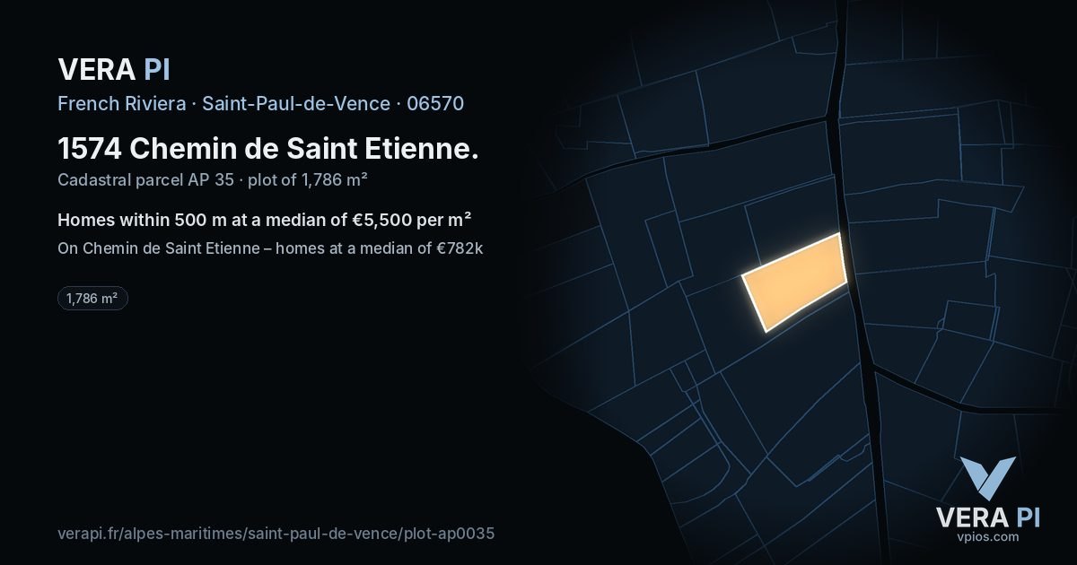 1574 Chemin de Saint Etienne, Saint-Paul-de-Vence at night – the plot lit, the parcels around coloured by the prices near them