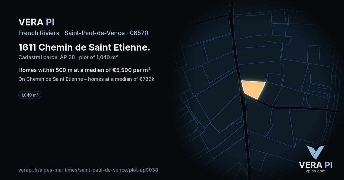 1611 Chemin de Saint Etienne, Saint-Paul-de-Vence at night – the plot lit, the parcels around coloured by the prices near them