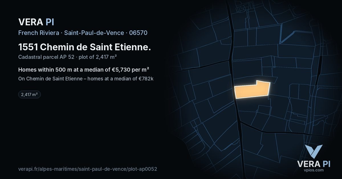 1551 Chemin de Saint Etienne, Saint-Paul-de-Vence at night – the plot lit, the parcels around coloured by the prices near them