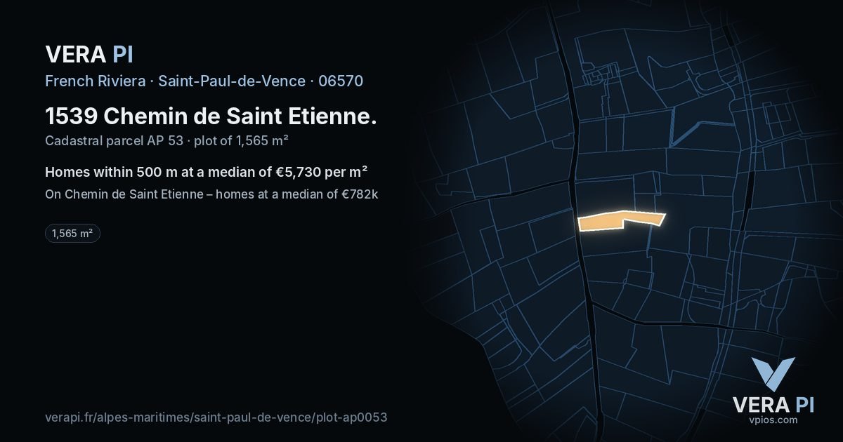1539 Chemin de Saint Etienne, Saint-Paul-de-Vence at night – the plot lit, the parcels around coloured by the prices near them