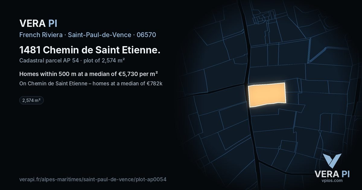 1481 Chemin de Saint Etienne, Saint-Paul-de-Vence at night – the plot lit, the parcels around coloured by the prices near them