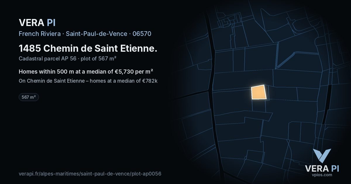 1485 Chemin de Saint Etienne, Saint-Paul-de-Vence at night – the plot lit, the parcels around coloured by the prices near them