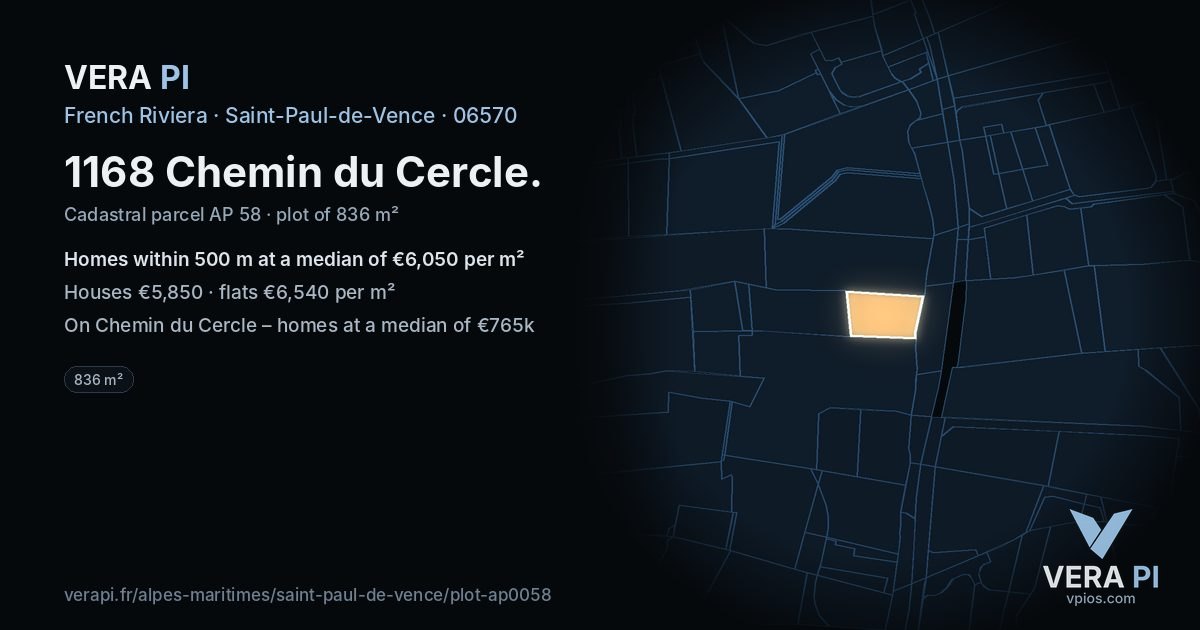1168 Chemin du Cercle, Saint-Paul-de-Vence at night – the plot lit, the parcels around coloured by the prices near them