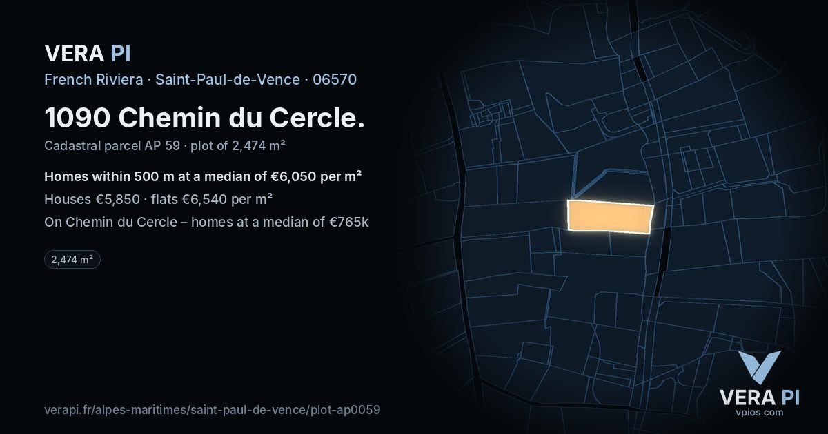 1090 Chemin du Cercle, Saint-Paul-de-Vence at night – the plot lit, the parcels around coloured by the prices near them