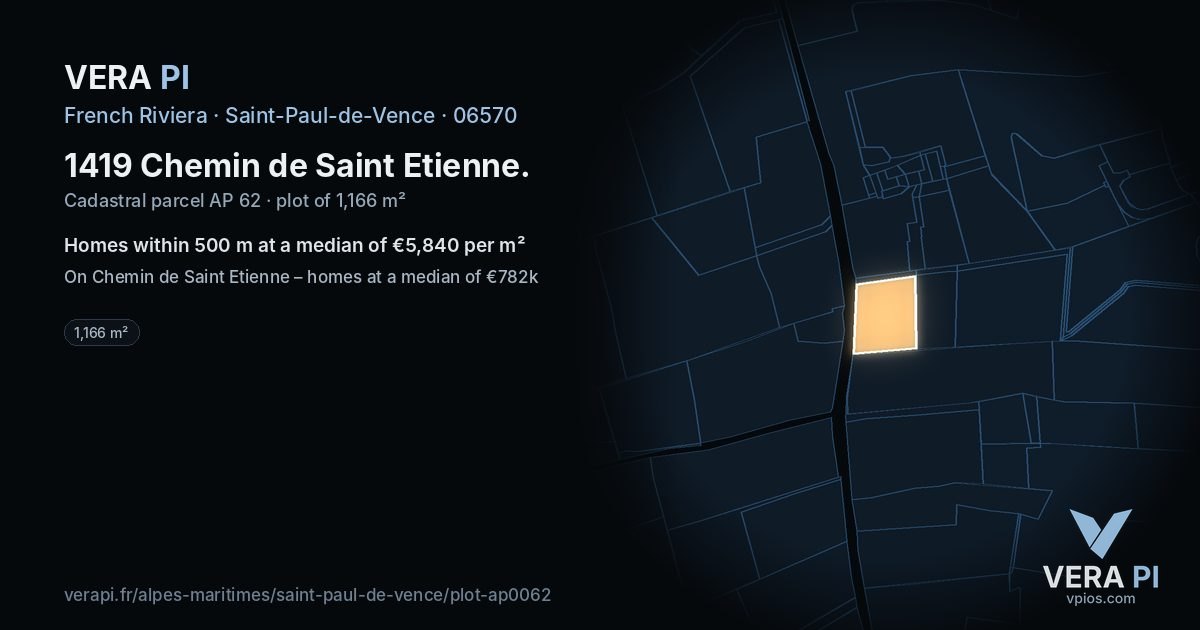 1419 Chemin de Saint Etienne, Saint-Paul-de-Vence at night – the plot lit, the parcels around coloured by the prices near them