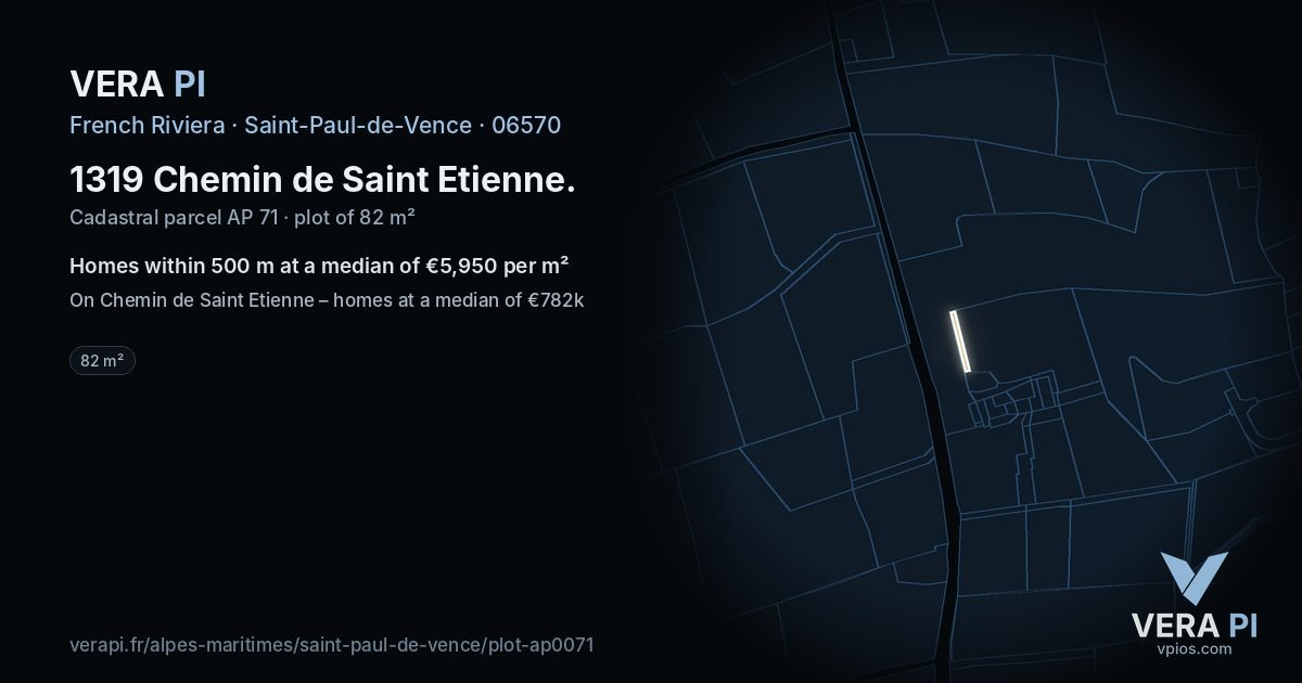 1319 Chemin de Saint Etienne, Saint-Paul-de-Vence at night – the plot lit, the parcels around coloured by the prices near them