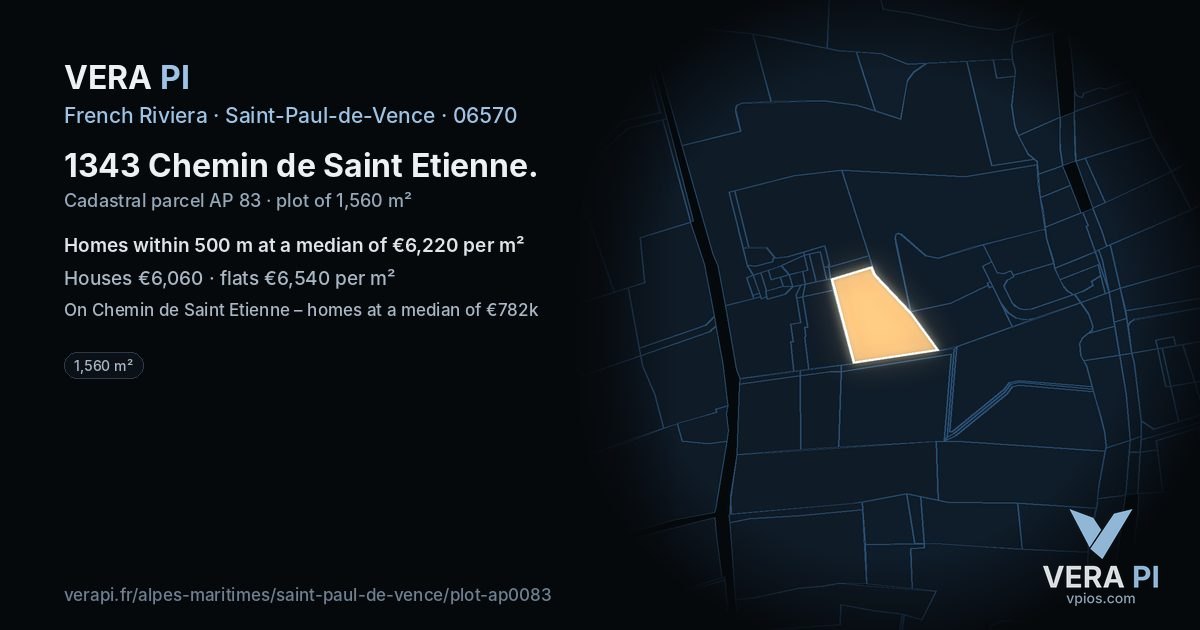 1343 Chemin de Saint Etienne, Saint-Paul-de-Vence at night – the plot lit, the parcels around coloured by the prices near them