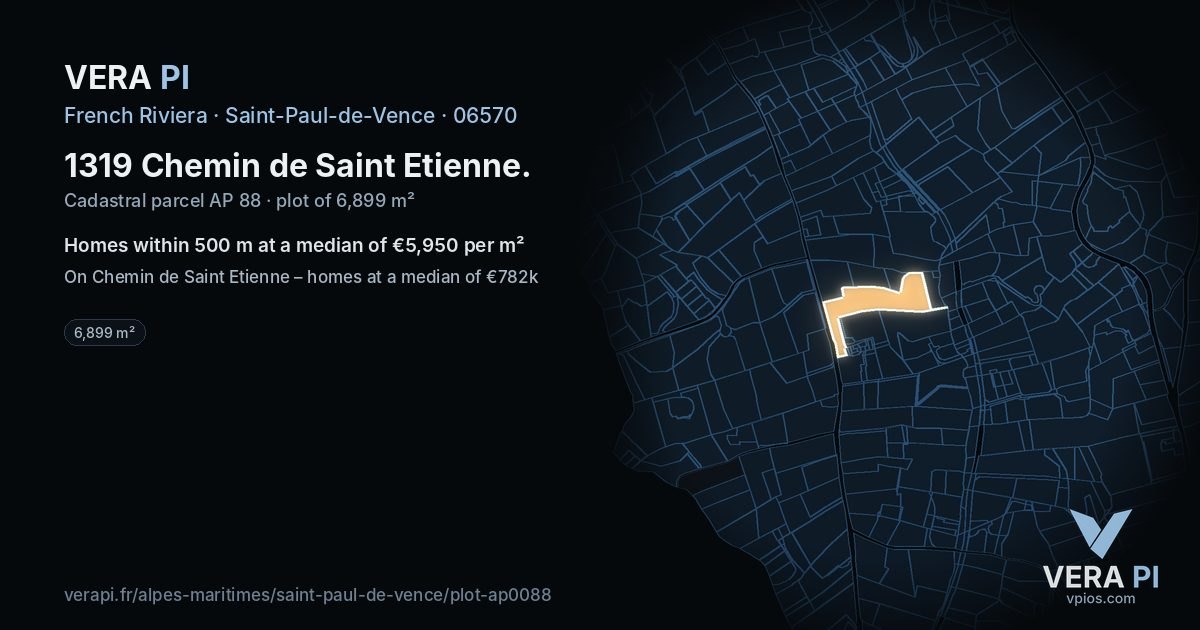 1319 Chemin de Saint Etienne, Saint-Paul-de-Vence at night – the plot lit, the parcels around coloured by the prices near them