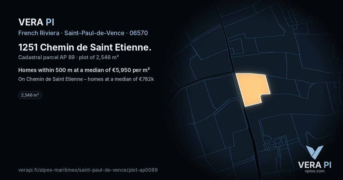 1251 Chemin de Saint Etienne, Saint-Paul-de-Vence at night – the plot lit, the parcels around coloured by the prices near them