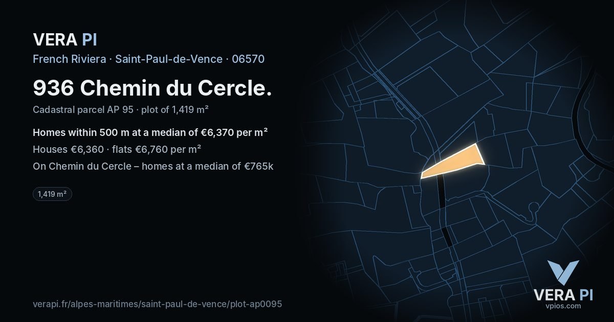 936 Chemin du Cercle, Saint-Paul-de-Vence at night – the plot lit, the parcels around coloured by the prices near them