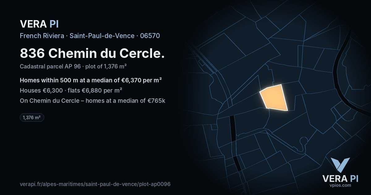 836 Chemin du Cercle, Saint-Paul-de-Vence at night – the plot lit, the parcels around coloured by the prices near them