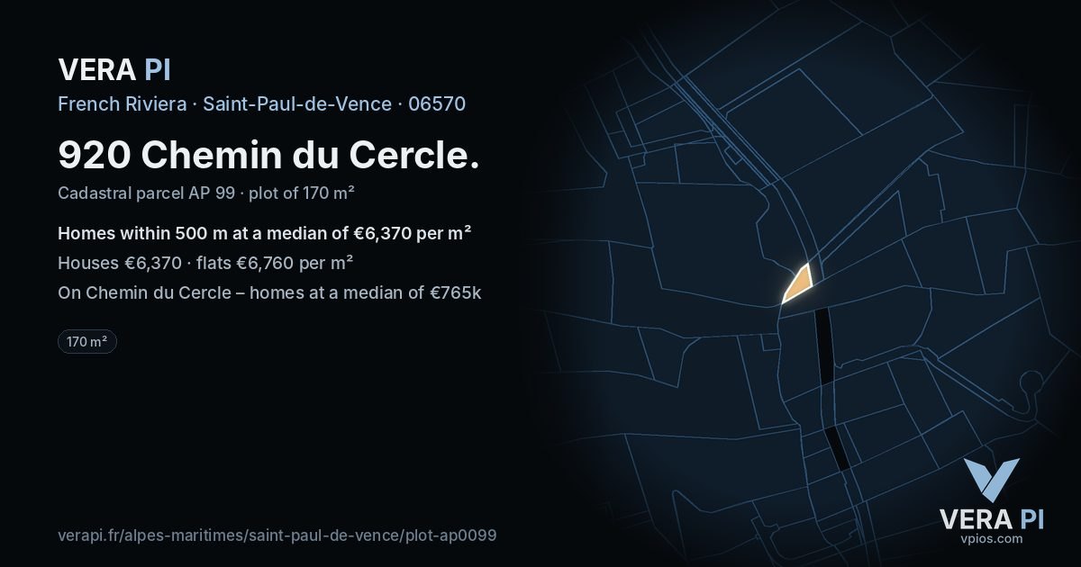 920 Chemin du Cercle, Saint-Paul-de-Vence at night – the plot lit, the parcels around coloured by the prices near them