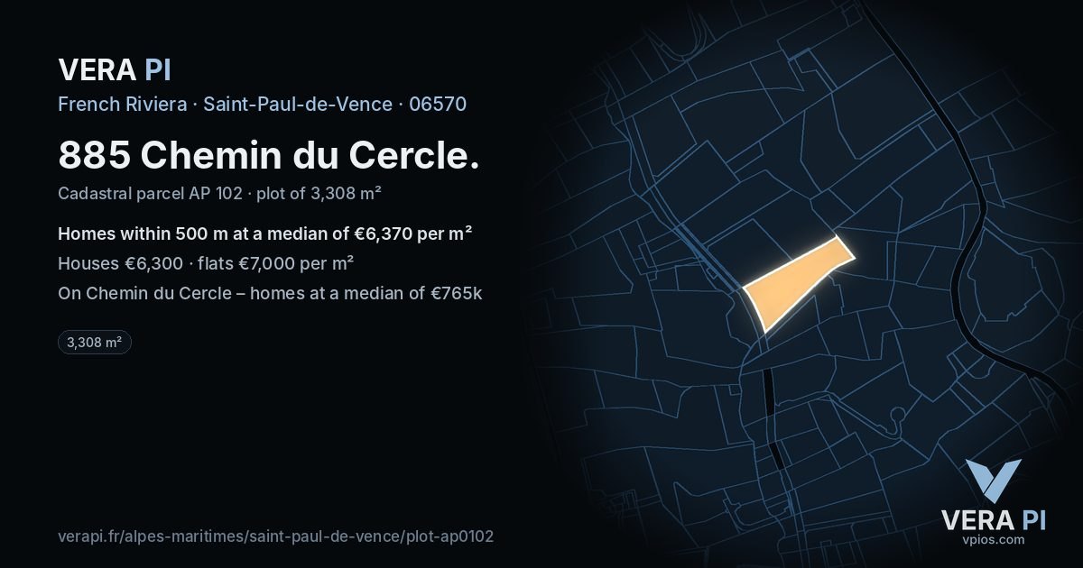 885 Chemin du Cercle, Saint-Paul-de-Vence at night – the plot lit, the parcels around coloured by the prices near them
