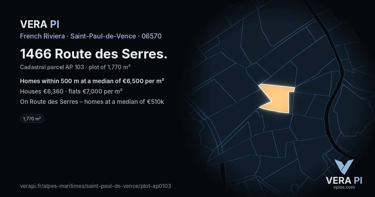 1466 Route des Serres, Saint-Paul-de-Vence at night – the plot lit, the parcels around coloured by the prices near them
