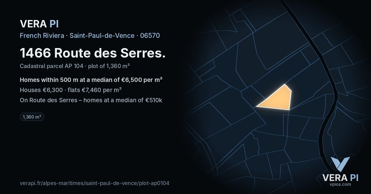 1466 Route des Serres, Saint-Paul-de-Vence at night – the plot lit, the parcels around coloured by the prices near them