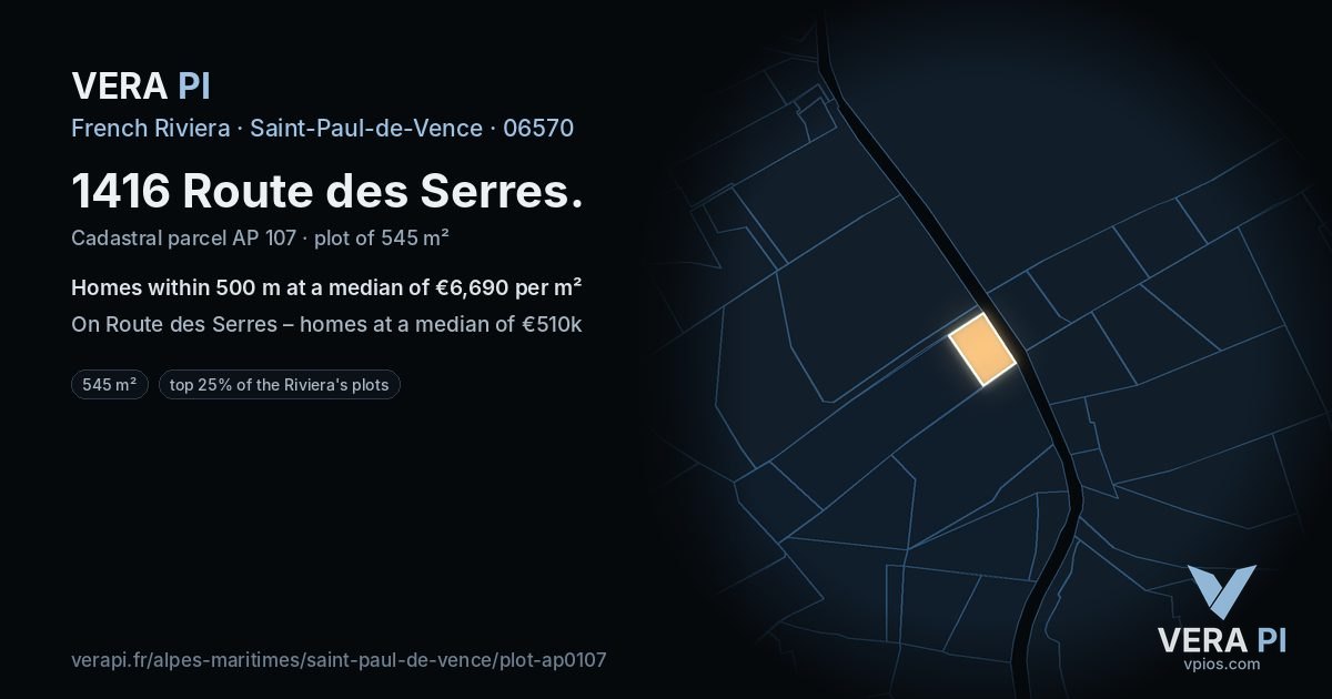 1416 Route des Serres, Saint-Paul-de-Vence at night – the plot lit, the parcels around coloured by the prices near them