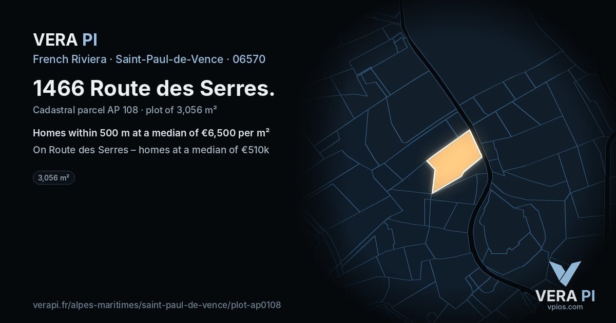 1466 Route des Serres, Saint-Paul-de-Vence at night – the plot lit, the parcels around coloured by the prices near them