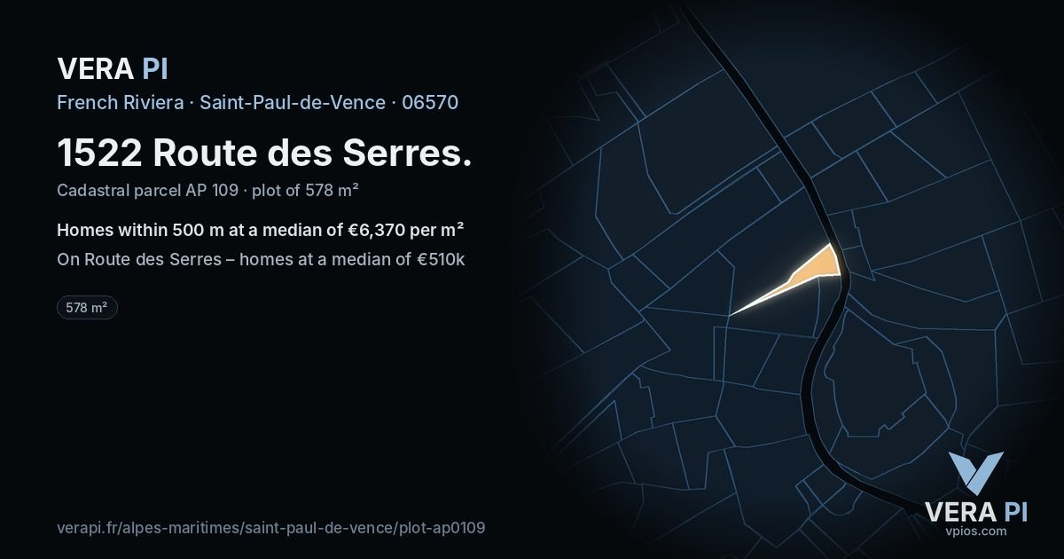 1522 Route des Serres, Saint-Paul-de-Vence at night – the plot lit, the parcels around coloured by the prices near them