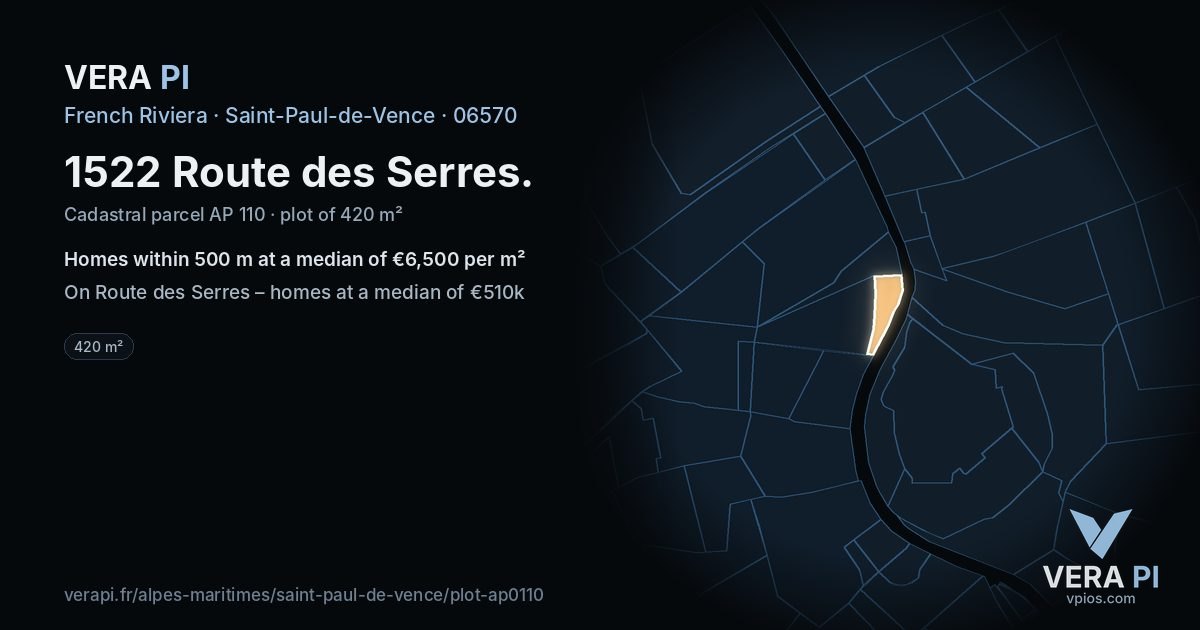1522 Route des Serres, Saint-Paul-de-Vence at night – the plot lit, the parcels around coloured by the prices near them