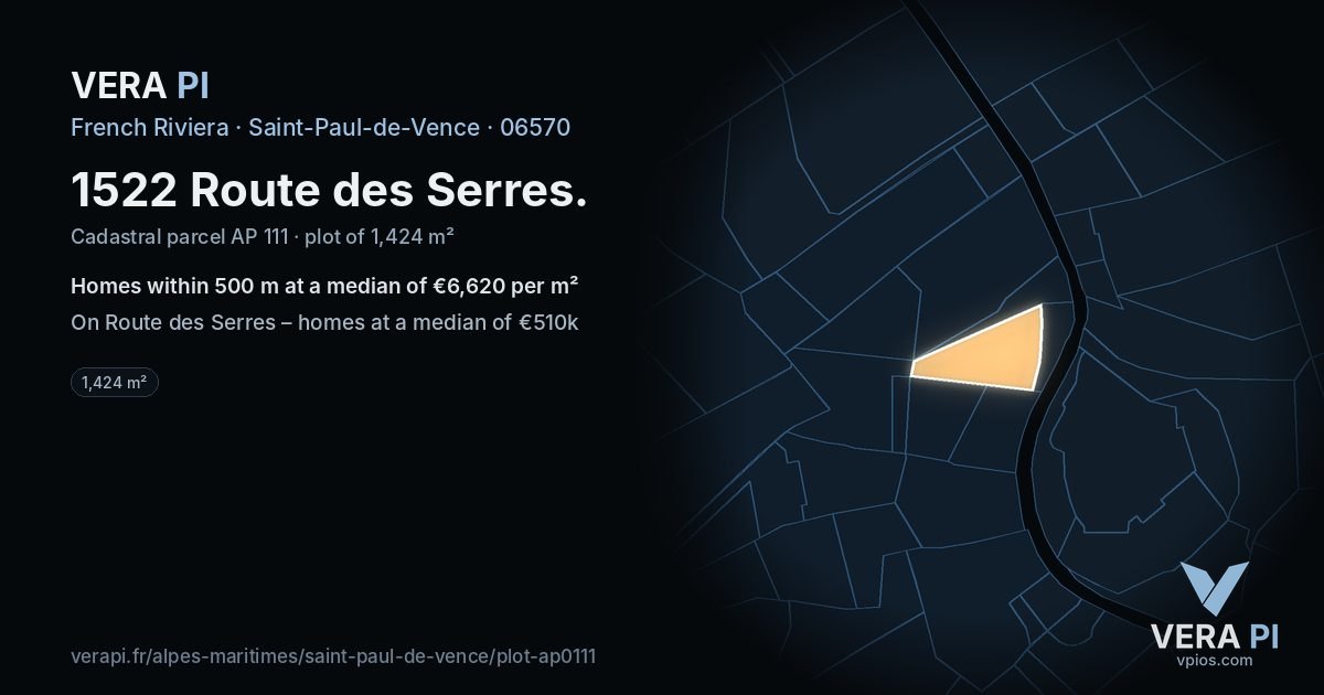 1522 Route des Serres, Saint-Paul-de-Vence at night – the plot lit, the parcels around coloured by the prices near them