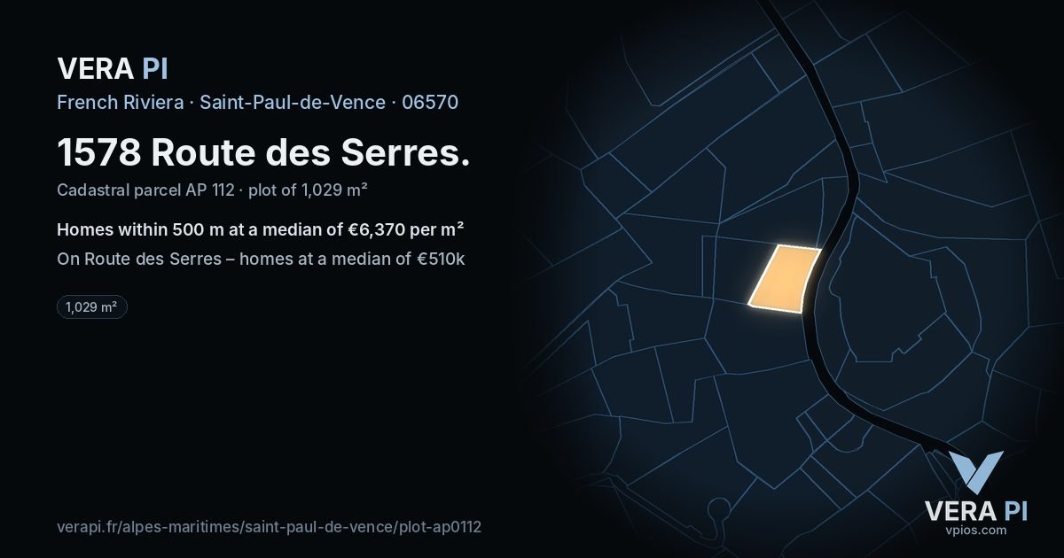 1578 Route des Serres, Saint-Paul-de-Vence at night – the plot lit, the parcels around coloured by the prices near them