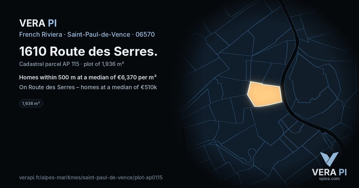 1610 Route des Serres, Saint-Paul-de-Vence at night – the plot lit, the parcels around coloured by the prices near them