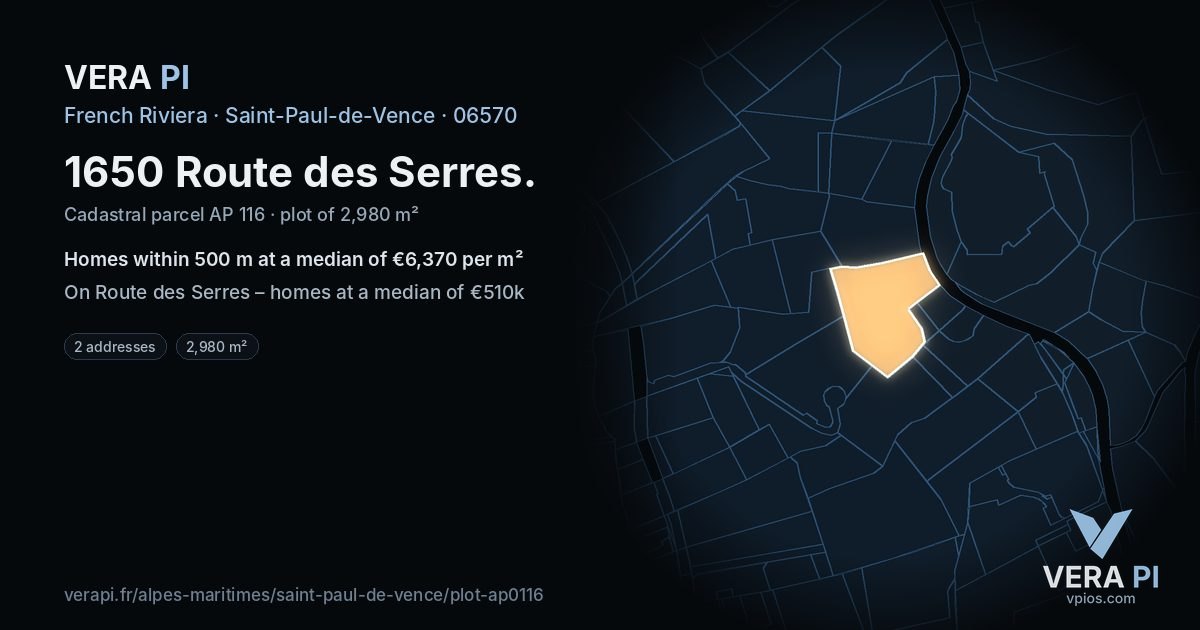 1650 Route des Serres, Saint-Paul-de-Vence at night – the plot lit, the parcels around coloured by the prices near them