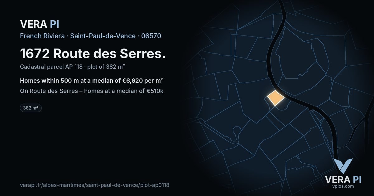1672 Route des Serres, Saint-Paul-de-Vence at night – the plot lit, the parcels around coloured by the prices near them