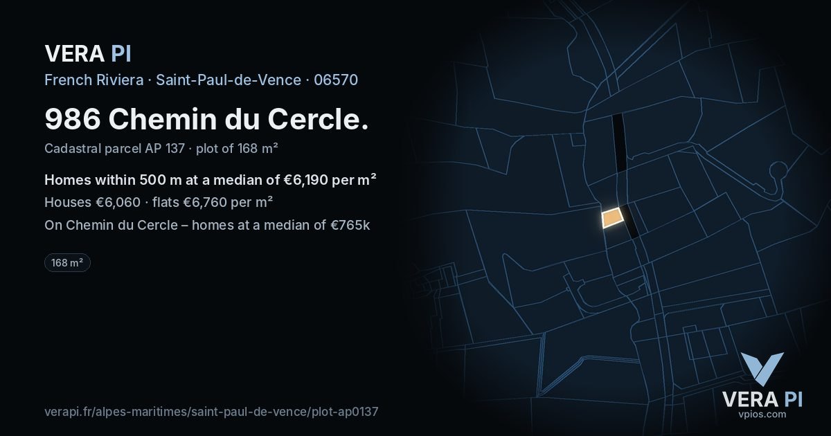 986 Chemin du Cercle, Saint-Paul-de-Vence at night – the plot lit, the parcels around coloured by the prices near them