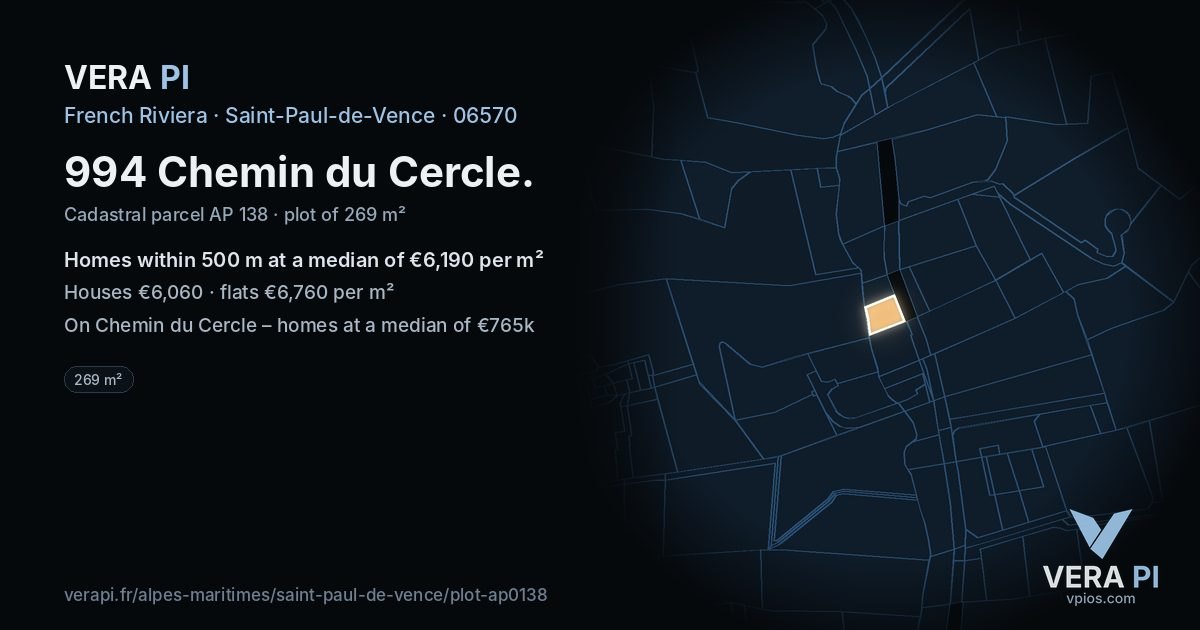 994 Chemin du Cercle, Saint-Paul-de-Vence at night – the plot lit, the parcels around coloured by the prices near them