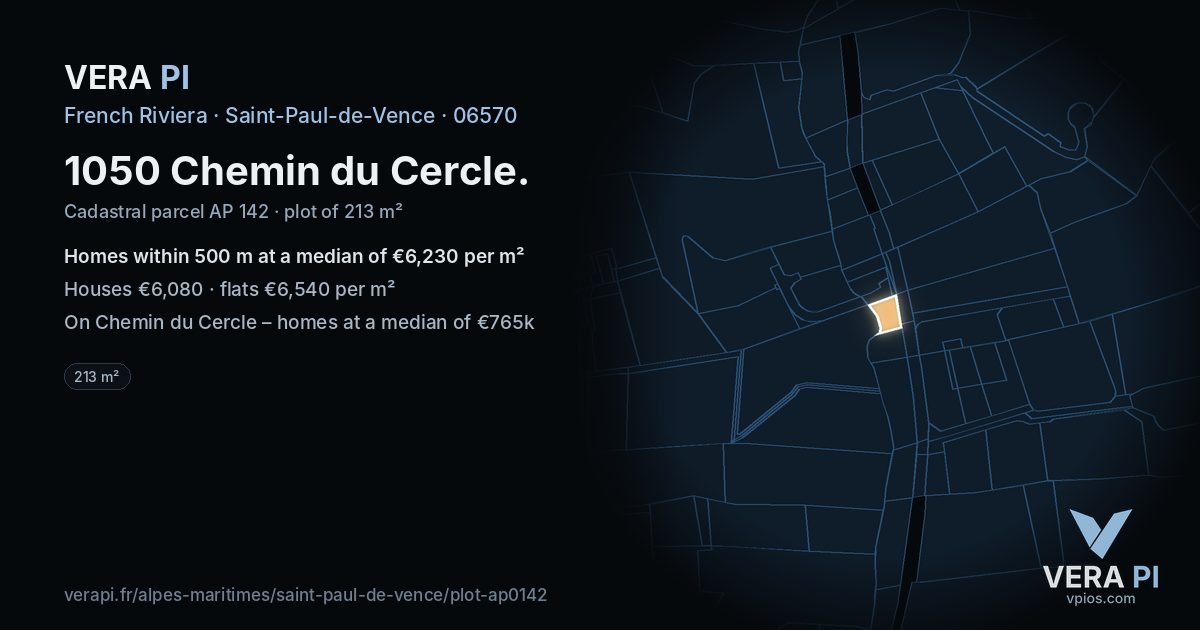 1050 Chemin du Cercle, Saint-Paul-de-Vence at night – the plot lit, the parcels around coloured by the prices near them