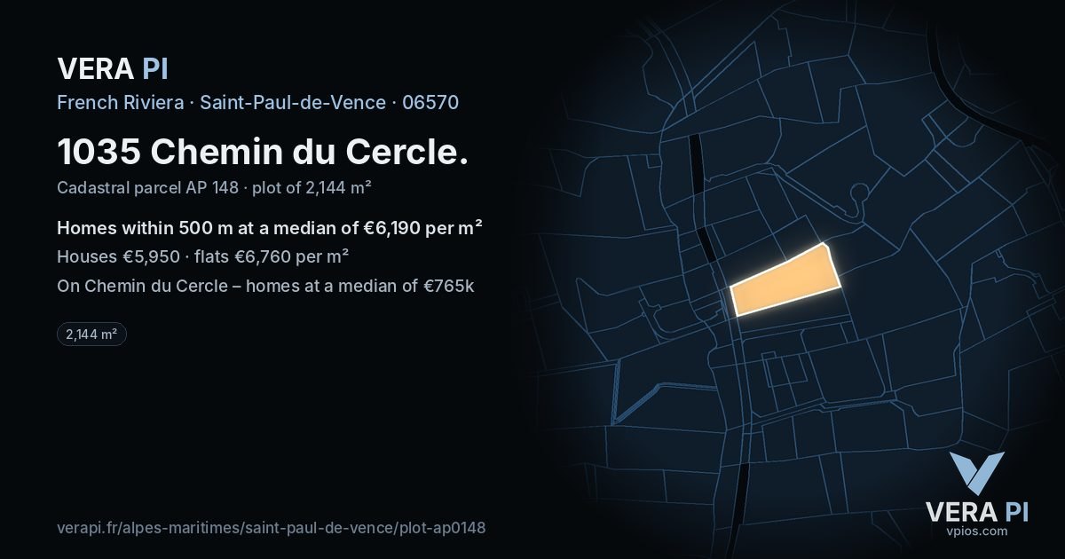 1035 Chemin du Cercle, Saint-Paul-de-Vence at night – the plot lit, the parcels around coloured by the prices near them