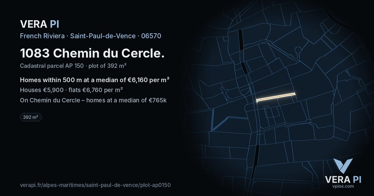 1083 Chemin du Cercle, Saint-Paul-de-Vence at night – the plot lit, the parcels around coloured by the prices near them
