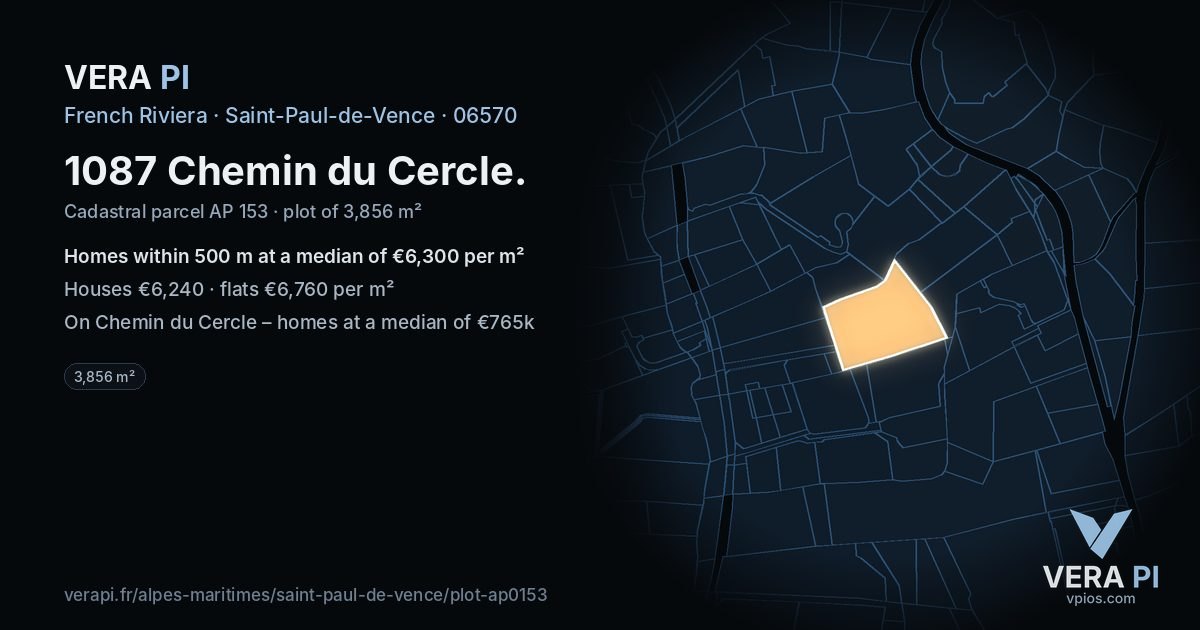 1087 Chemin du Cercle, Saint-Paul-de-Vence at night – the plot lit, the parcels around coloured by the prices near them