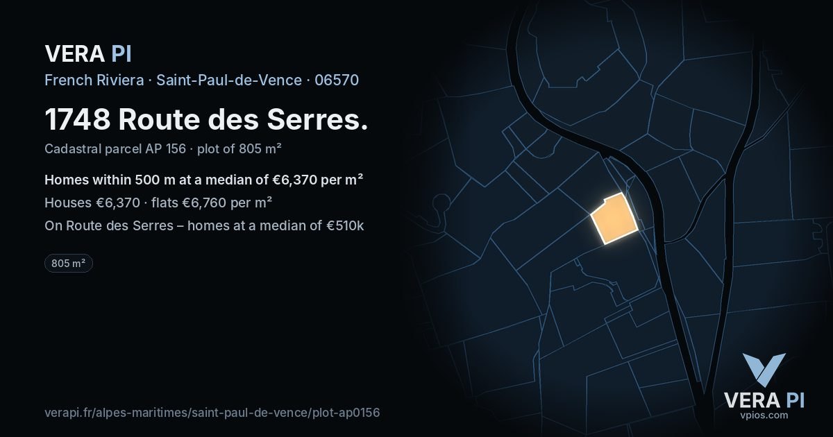 1748 Route des Serres, Saint-Paul-de-Vence at night – the plot lit, the parcels around coloured by the prices near them