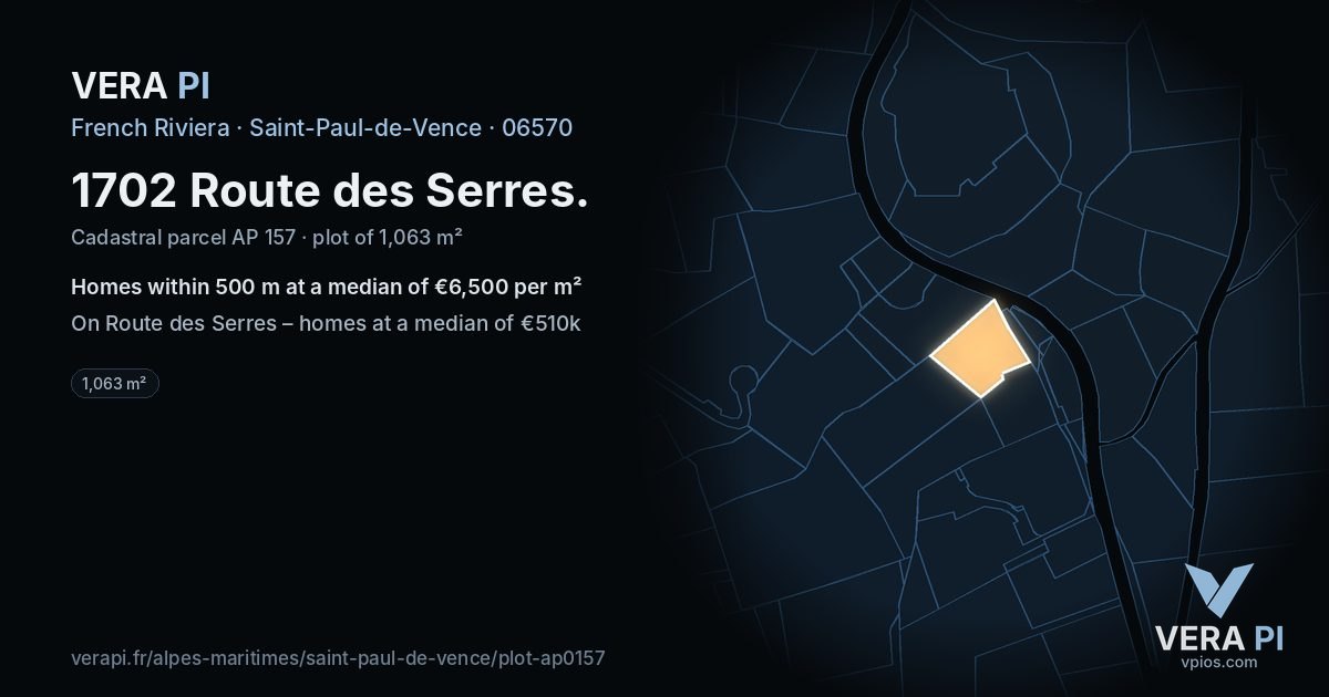 1702 Route des Serres, Saint-Paul-de-Vence at night – the plot lit, the parcels around coloured by the prices near them
